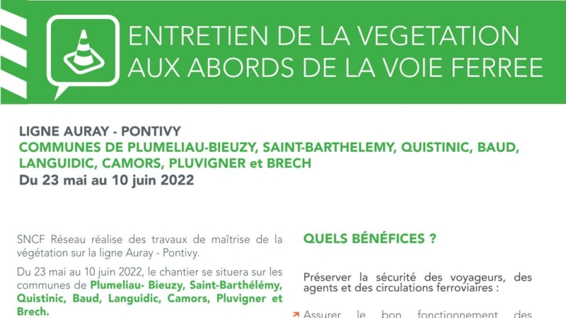 Entretien de la végétation aux abords de la voie ferrée Auray – Pontivy du 23 mai au 10 juin