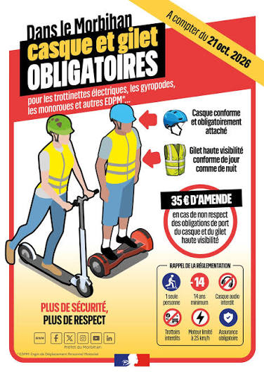 Le port du casque et d’un gilet haute visibilité devient obligatoire dans le Morbihan pour les EDPM à compter du 21 octobre 2026